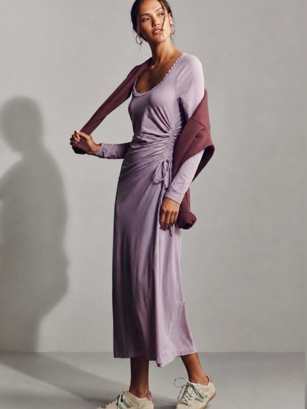 Anthropologie DAILY PRACTICE Pink Ruched Long Sleeve Maxi Dress Size S